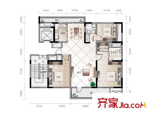 嘉和銀領時代5號樓偶數(shù)層J戶型 3室2廳1衛(wèi)1廚