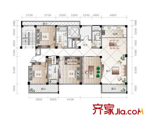 嘉和銀領(lǐng)時代4號樓偶數(shù)層E戶型 4室2廳3衛(wèi)1廚