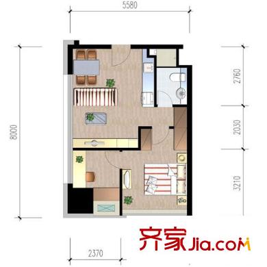 福雷德廣場戶型圖58方戶型 2室2廳1衛(wèi)1廚