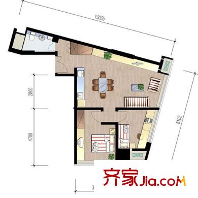 福雷德廣場戶型圖98方戶型 2室2廳1衛(wèi)1廚