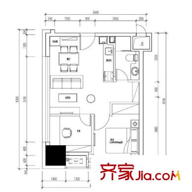 福雷德廣場戶型圖單身公寓C戶型 2室2廳1衛(wèi)1廚