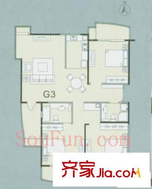福雷德廣場戶型圖G3戶型 3室2廳2衛(wèi)1廚