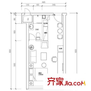 福雷德廣場戶型圖單身公寓D戶型 1室2廳1衛(wèi)1廚