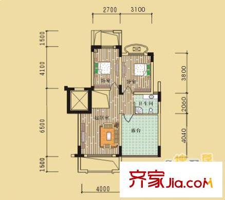 綠野春天別墅戶型圖2室 戶型圖 2室1廳1衛(wèi)1廚
