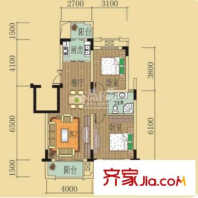 綠野春天別墅戶型圖2室 戶型圖 2室2廳1衛(wèi)1廚