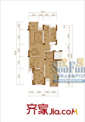 九月庭院戶型圖5、6、7幢標(biāo)準(zhǔn)層中間套 3室2廳2衛(wèi)1廚