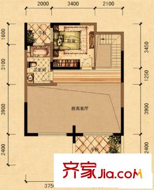 保利東灣排屋戶型圖四期7號樓8號樓標準層E2戶型（loft）二層 1室2廳1衛(wèi)1廚