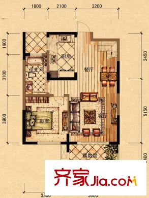 保利東灣排屋戶型圖四期9號樓C戶型 1室2廳1衛(wèi)1廚