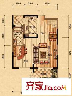 保利東灣排屋戶型圖四期9號樓C戶型（LOFT）一層 2室1廳1衛(wèi)1廚
