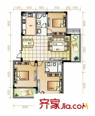 景麗華庭戶型圖三期6、8號樓標準層邊套D戶型 3室2廳2衛(wèi)1廚