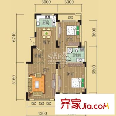 綠野春天別墅戶型圖2室 戶型圖 2室2廳1衛(wèi)1廚