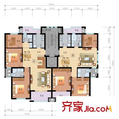 逸景花苑戶型圖高層三房邊單元標(biāo)準(zhǔn)層平面 3室2廳2衛(wèi)1廚