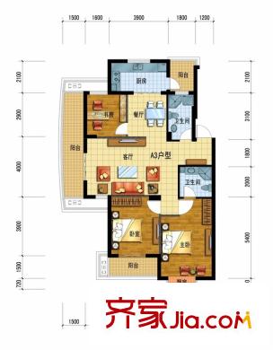 廣廈天都城愛尚公寓戶型圖一期1號樓A3戶型 3室2廳2衛(wèi)1廚