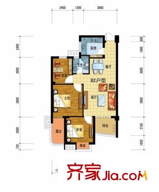 廣廈天都城愛尚公寓戶型圖一期1號樓B2戶型 3室2廳1衛(wèi)1廚
