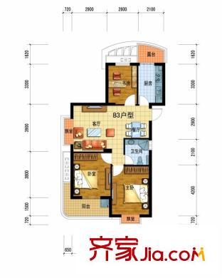 廣廈天都城愛尚公寓戶型圖一期1號樓B3戶型 3室2廳1衛(wèi)1廚
