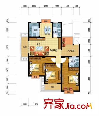 廣廈天都城愛尚公寓戶型圖一期1號樓A4戶型 3室2廳2衛(wèi)1廚