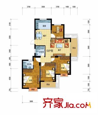 廣廈天都城愛尚公寓戶型圖一期1號樓C3戶型 4室2廳2衛(wèi)1廚