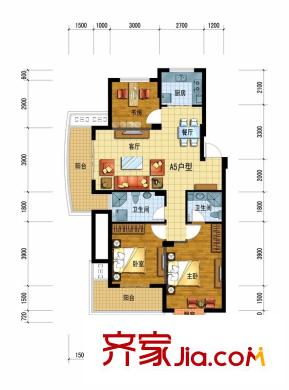 廣廈天都城愛尚公寓戶型圖一期1號樓A5戶型 3室2廳2衛(wèi)1廚