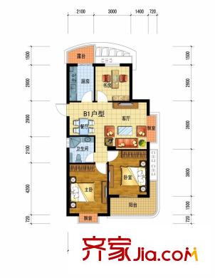 廣廈天都城愛尚公寓戶型圖一期1號樓B1戶型 3室2廳1衛(wèi)1廚