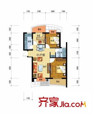 廣廈天都城愛尚公寓戶型圖一期1號樓C1戶型 3室2廳1衛(wèi)1廚