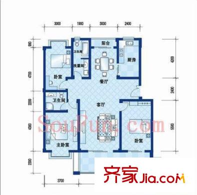 黃鶴山居戶型圖1#1-101戶型 3室2廳2衛(wèi)1廚