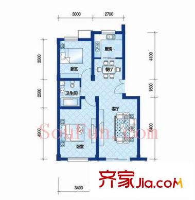 黃鶴山居戶型圖4#-1-102戶型 2室2廳1衛(wèi)1廚