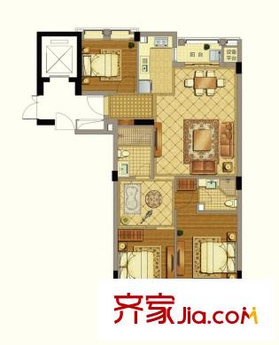 九衡公寓戶型圖一期1-7號樓中間套C4戶型 3室2廳2衛(wèi)1廚