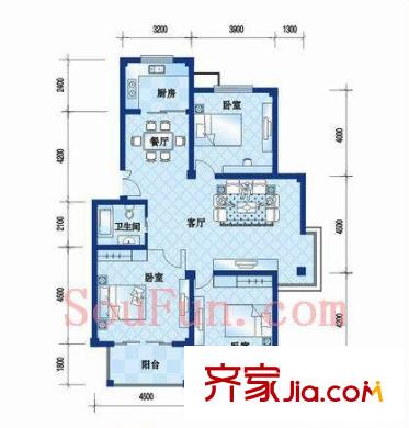 黃鶴山居戶型圖7#-1-101戶型 3室2廳1衛(wèi)1廚