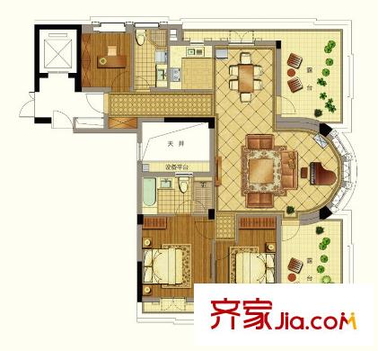 九衡公寓戶型圖一期3-6號樓邊套C5戶型 3室2廳2衛(wèi)1廚