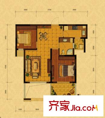 保利香檳國際戶型圖E戶型偶數(shù)層 2室2廳1衛(wèi)1廚
