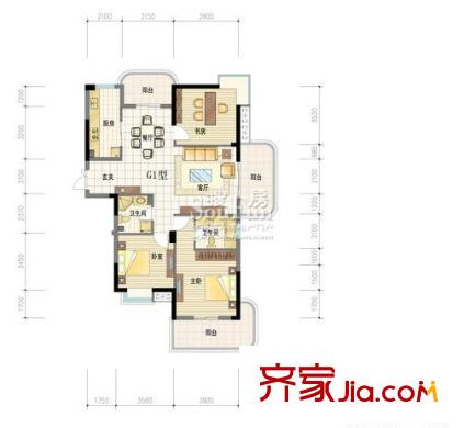 廣廈天都城戶型圖G1戶型-o 3室2廳2衛(wèi)1廚