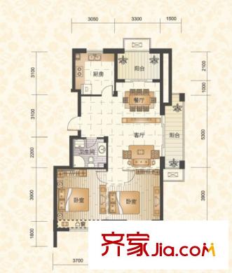 錦昌年華戶型圖二期19號(hào)樓E戶型 2室2廳1衛(wèi)1廚