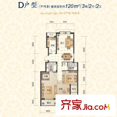 錦昌年華戶型圖二期17號(hào)樓D戶型 3室2廳2衛(wèi)1廚