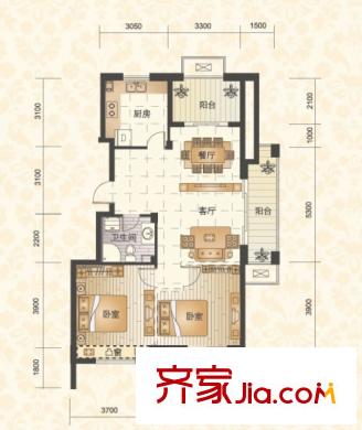 錦昌年華戶型圖二期18號(hào)樓E戶型 2室2廳1衛(wèi)1廚