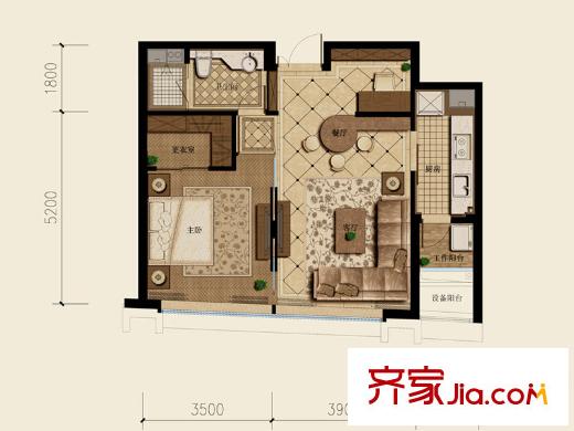杭州遠(yuǎn)洋公館戶型圖西區(qū)6#A1戶型 1室2廳1衛(wèi)1廚