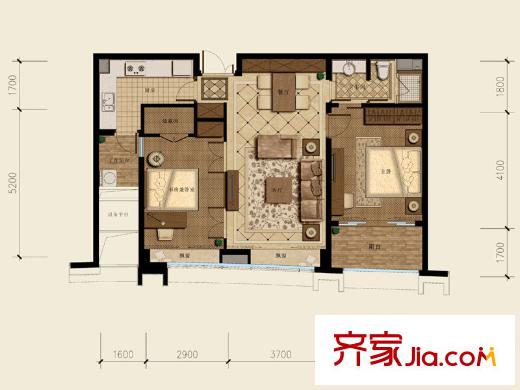 杭州遠(yuǎn)洋公館戶型圖西區(qū)3#B1戶型 2室2廳1衛(wèi)1廚