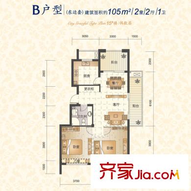錦昌年華戶型圖二期15號(hào)樓東邊套B戶型 2室2廳1衛(wèi)1廚