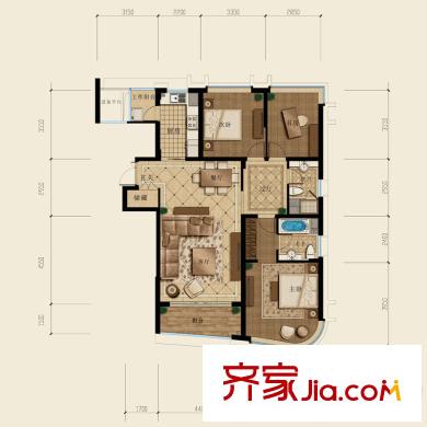 杭州遠(yuǎn)洋公館戶型圖西區(qū)6#C4戶型 3室2廳2衛(wèi)1廚