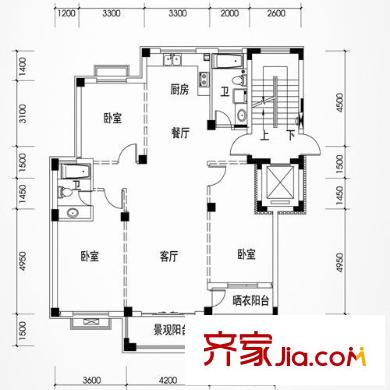 華庭嘉苑戶型圖F戶型 3室2廳2衛(wèi)1廚