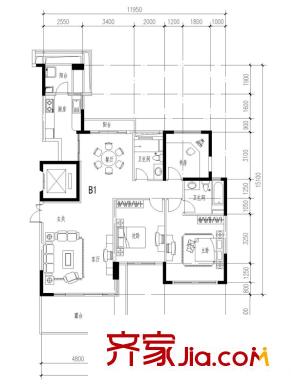 君臨天下城戶型圖B1戶型 3室2廳2衛(wèi)1廚
