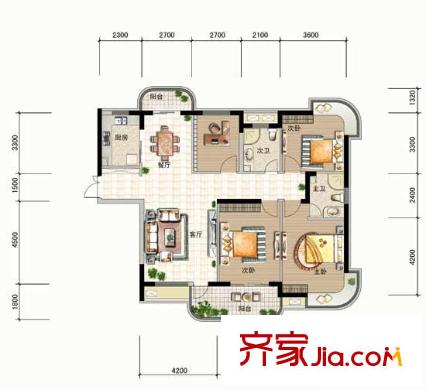 東方麗都花苑戶型圖2幢I戶型 4室2廳2衛(wèi)1廚
