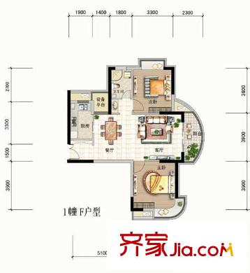 東方麗都花苑戶型圖1幢F戶型 2室2廳1衛(wèi)1廚