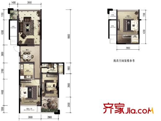 積家戶型圖A2戶型偶數(shù)層 3室2廳1衛(wèi)1廚
