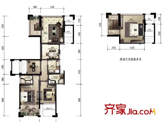 積家戶型圖B1戶型偶數(shù)2號(hào)樓 4室2廳2衛(wèi)1廚