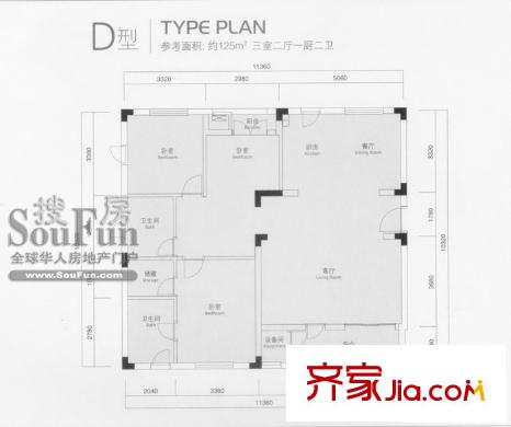 良渚文化村白鷺郡東戶型圖D型 3室2廳2衛(wèi)1廚