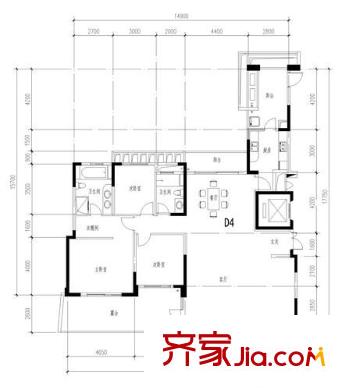 君臨天下城戶型圖D4戶型 3室2廳2衛(wèi)1廚