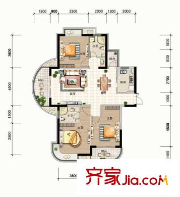 東方麗都花苑戶型圖2幢G戶型 3室2廳2衛(wèi)1廚