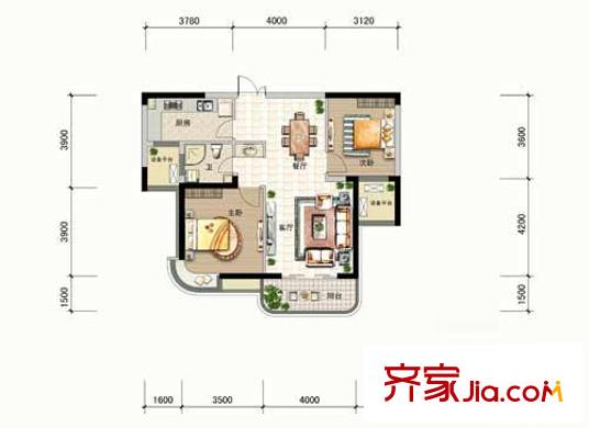 東方麗都花苑戶型圖3幢H戶型 2室2廳1衛(wèi)1廚