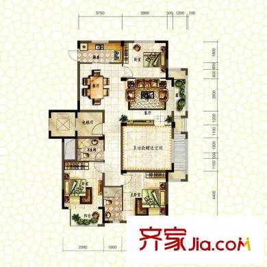 蒙卡岸戶型圖一期3號(hào)樓東邊套、4號(hào)樓西邊套標(biāo)準(zhǔn)層L1戶型 3室2廳2衛(wèi)1廚