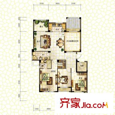 蒙卡岸戶型圖一期3號(hào)、4號(hào)樓中間套標(biāo)準(zhǔn)層L2戶型 3室2廳2衛(wèi)1廚